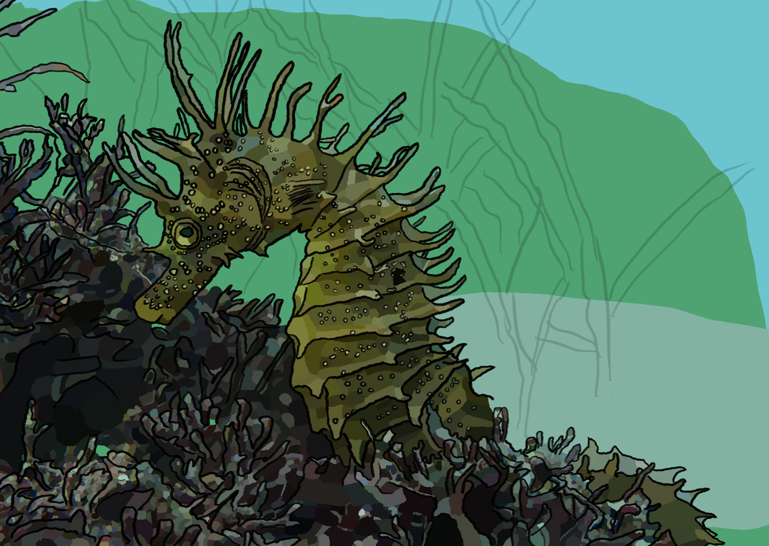 Seahorse swimming on the seabed