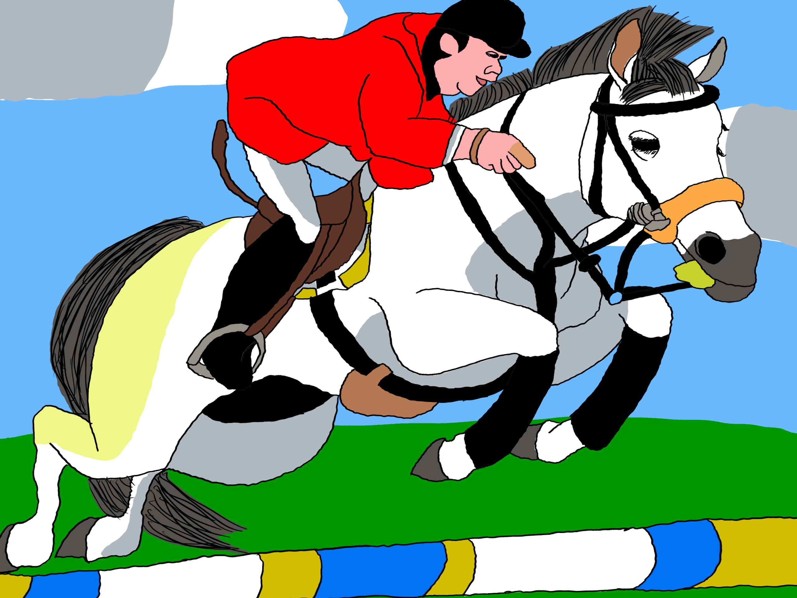 Show jumper. Show jumping horse jumping over a fence. Rider is dressed in a red jacket and black hat